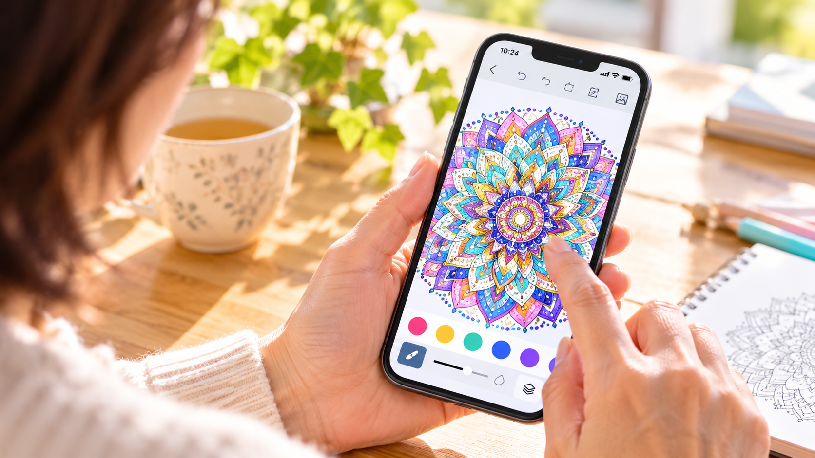 スマホ画面に表示されたカラフルな曼荼羅アート