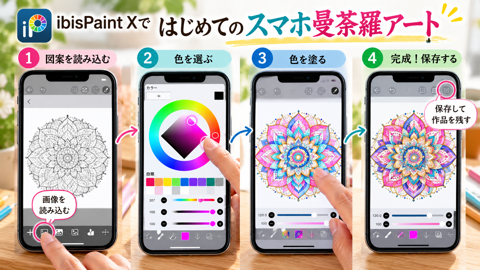 ibisPaint Xで曼荼羅図案を着彩する操作画面