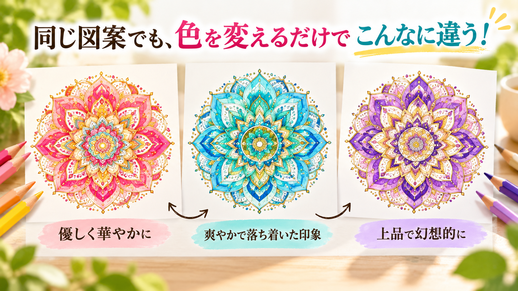 色の組み合わせが異なる3種類の曼荼羅アート作品