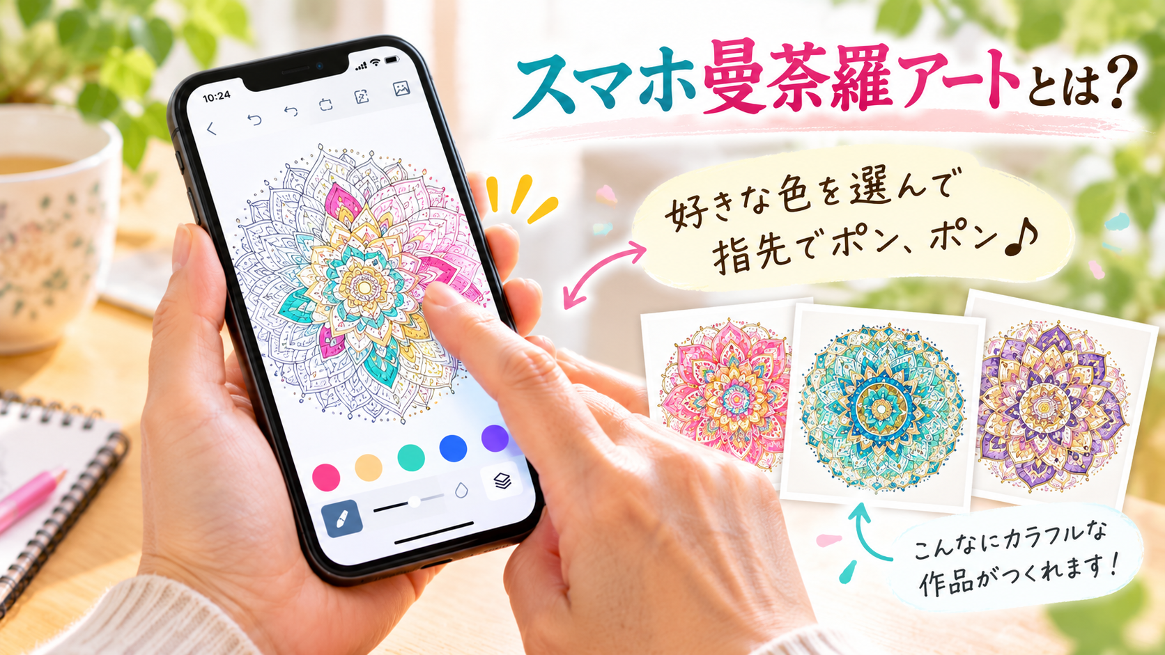 指先でスマホの曼荼羅図案に色を塗る様子